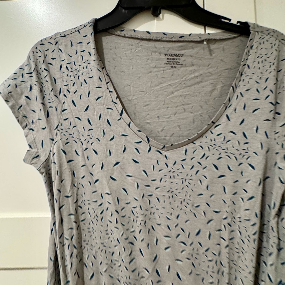 Toad&Co Gray Mini Dress with blue accents, pockets, tie waist. Small-Medium. - Picture 2 of 5
